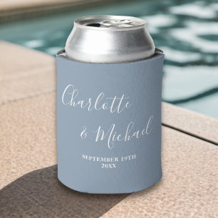 Dusty Blue Script Minimalist Wedding Can Cooler