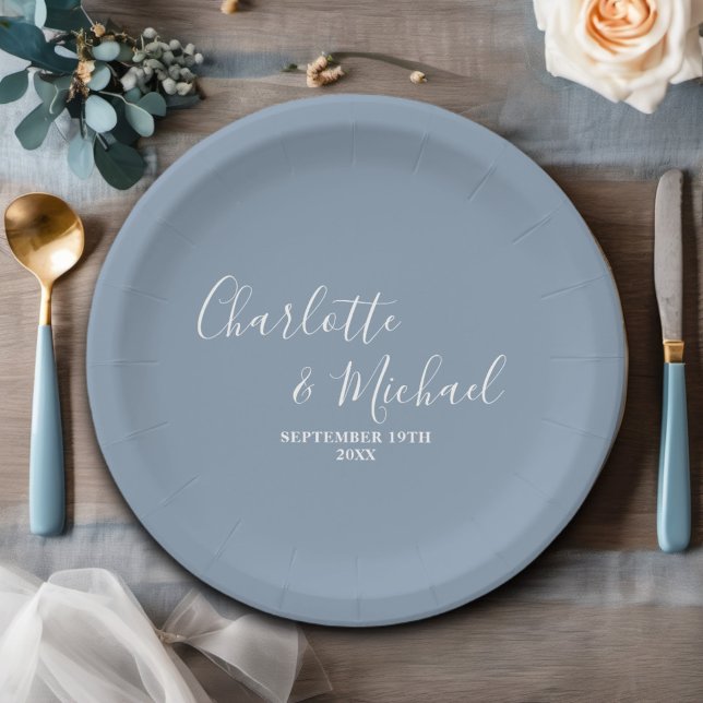 Dusty Blue Script Minimalist Wedding Paper Plate (Creator Uploaded)