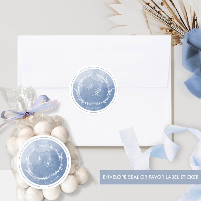 Dusty Blue Script Monogram Envelope Seal/Favour Classic Round Sticker (Creator Uploaded)