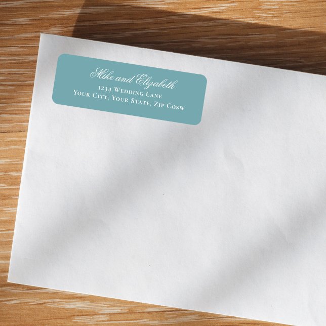 Dusty Blue Script Names Wedding Address Return Address Label (Dusty blue script wedding return address label on white envelope mockup)
