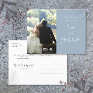 Dusty Blue Script Photo Wedding Thank You Postcard