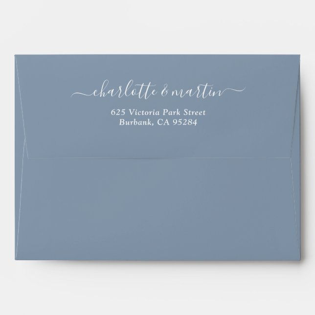 Dusty Blue Script Return Address Wedding A7 Envelope (Back (Top Flap))