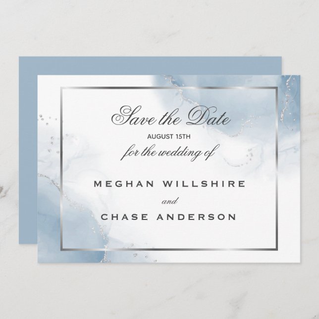Dusty Blue Script Silver Save the Date Invitation (Front/Back)