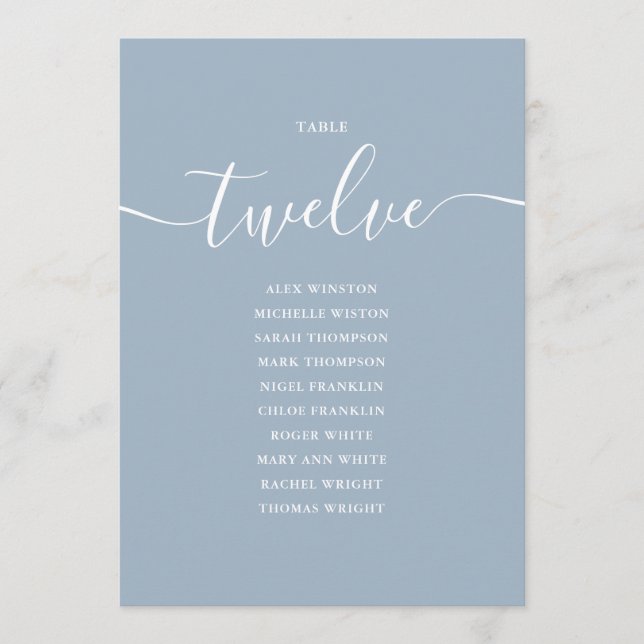 Dusty Blue Script Table Number 12 Seating Chart (Front)