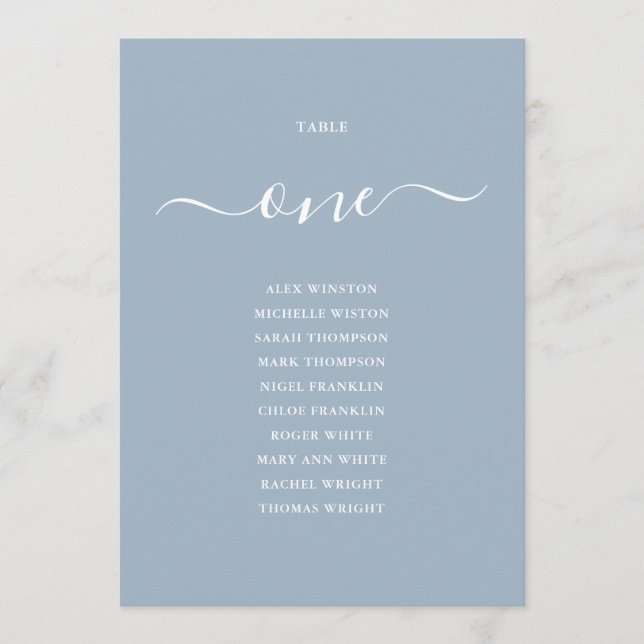 Dusty Blue Script Table Number 1 Seating Chart (Front)