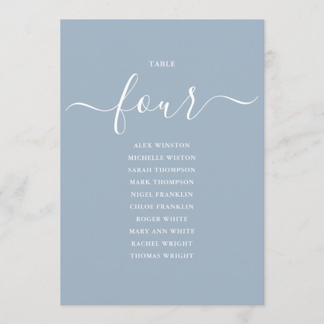 Dusty Blue Script Table Number 4 Seating Chart (Front)