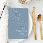Dusty Blue Script Watermark Monogram Wedding Menu<br><div class="desc">A beautiful typography based wedding menu card featuring your initials in oversized script lettering at the top, in tone on tone shades for a watermark effect. Personalise with your menu items beneath, aligned at the right. Our Dusty Blue colorway is an elegant mix of ethereal blues, with white and blue-grey...</div>