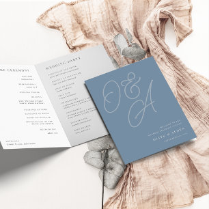 Dusty Blue Script Watermark Monogram Wedding Program