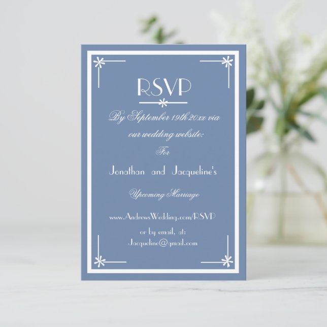 Dusty Blue script website email Wedding RSVP Card (Standing Front)