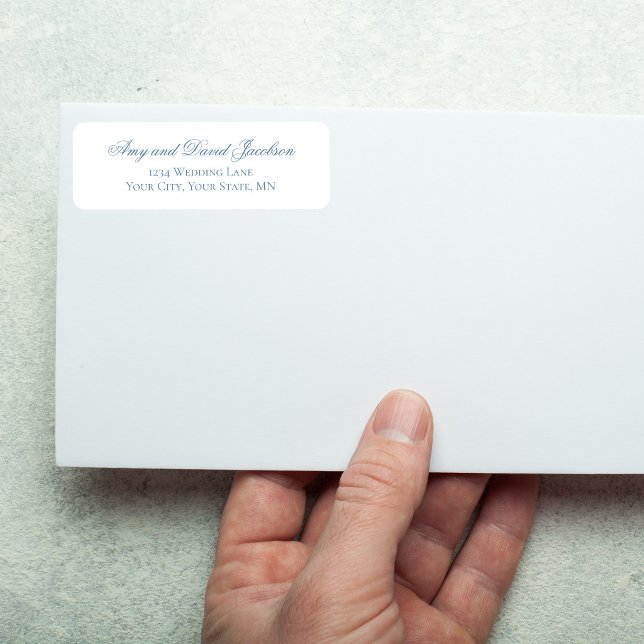 Dusty Blue Script Wedding Address Label Return Address Label (Dusty blue script return address label on white envelope with pencil, minimalist wedding style)