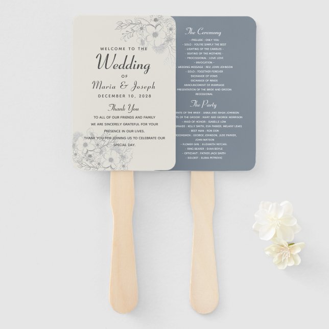 Dusty Blue Script Wedding Program Hand Fan (Front and Back)