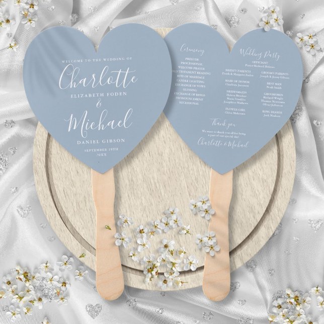 Dusty Blue Script Wedding Program Heart Hand Fan (Dusty Blue Script Wedding Program Heart Hand Fan)