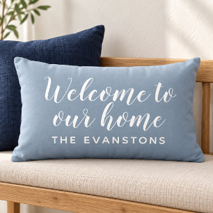 Dusty Blue Script Welcome to Our Home Lumbar Cushion
