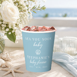 Dusty Blue Sea You Soon Baby Beach Baby Shower Paper Cups