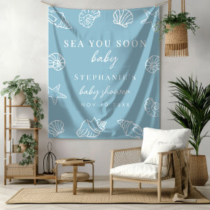 Dusty Blue Sea You Soon Beach Baby Shower Backdrop Tapestry