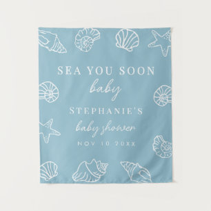 Dusty Blue Sea You Soon Beach Baby Shower Backdrop Tapestry