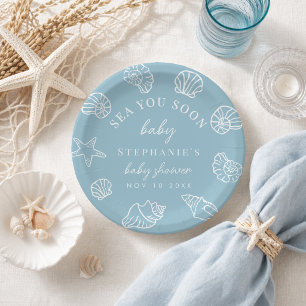 Dusty Blue Sea You Soon Coastal Beach Baby Shower Paper Plate