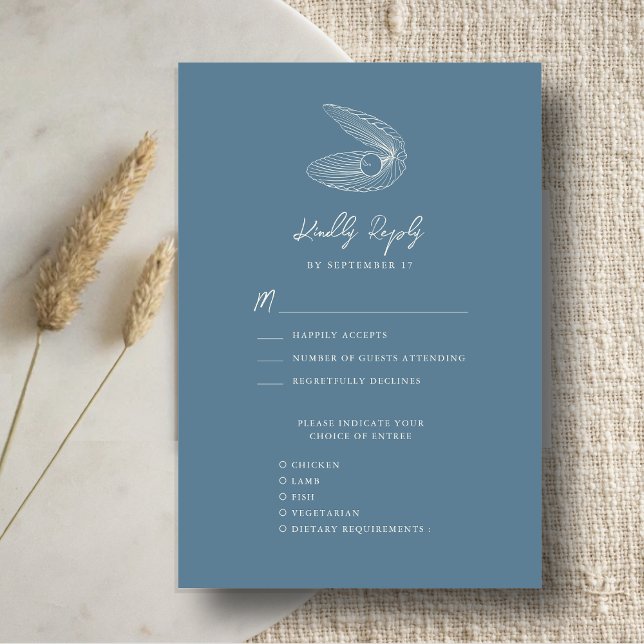 Dusty Blue Seashell Beach Destination Wedding RSVP Card (Creator Uploaded)