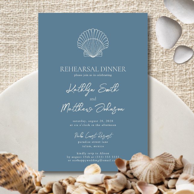 Dusty Blue Seashell Beach Ocean Rehearsal Dinner Invitation (Creator Uploaded)