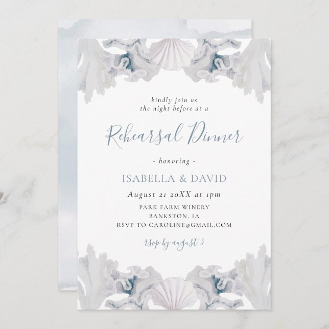 Dusty Blue Seashell Beach Rehearsal Dinner Invitation (Front/Back)
