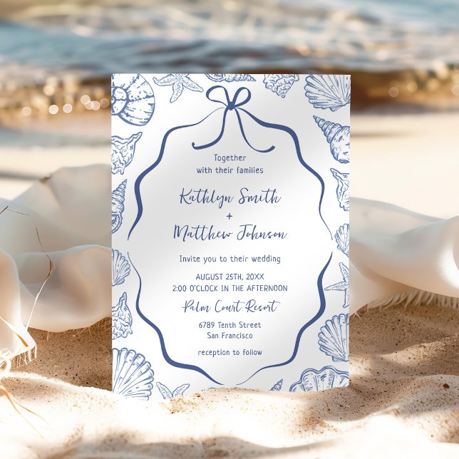 Dusty Blue Seashell Coastal Destination Wedding Invitation (Creator Uploaded)