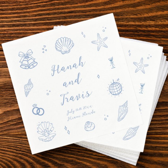 Dusty Blue Seashells Beach Coastal Wedding Napkin (Creator Uploaded)