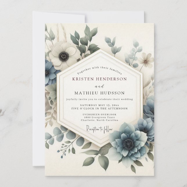 Dusty Blue Serene Bloom Wedding Invitation (Front)