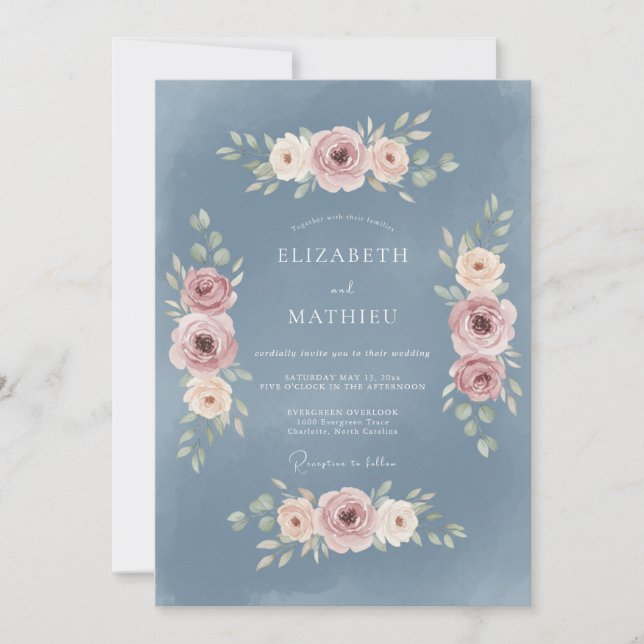 Dusty Blue Serene Vintage Wedding Invitation (Front)