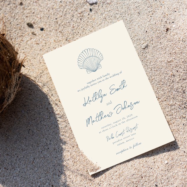 Dusty Blue Shell Beach Ocean Destination Wedding Invitation (Creator Uploaded)