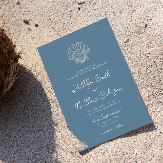 Dusty Blue Shell Beach Ocean Destination Wedding Invitation (Creator Uploaded)