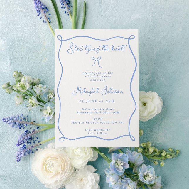 Dusty Blue She's Tying the Knot Bow Bridal Shower Invitation (Creator Uploaded)