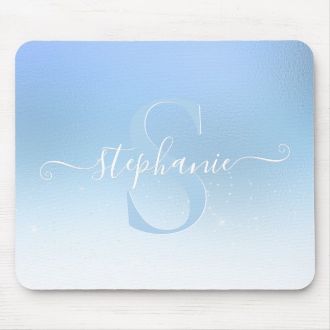 Dusty Blue Shimmer Sparkle Glitter Monogram Mouse Pad (Front)