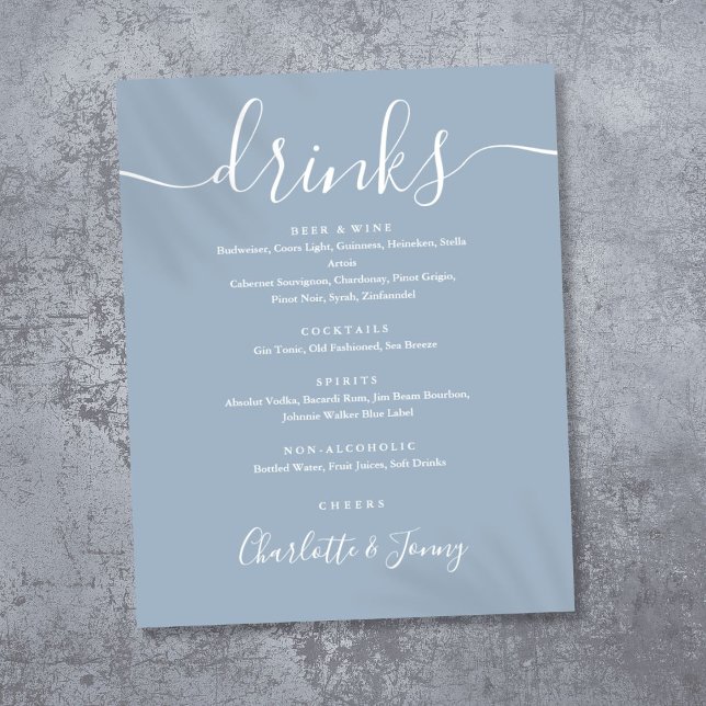 Dusty Blue Signature Script Drinks Menu Sign (Dusty Blue Signature Script Drinks Menu Sign)