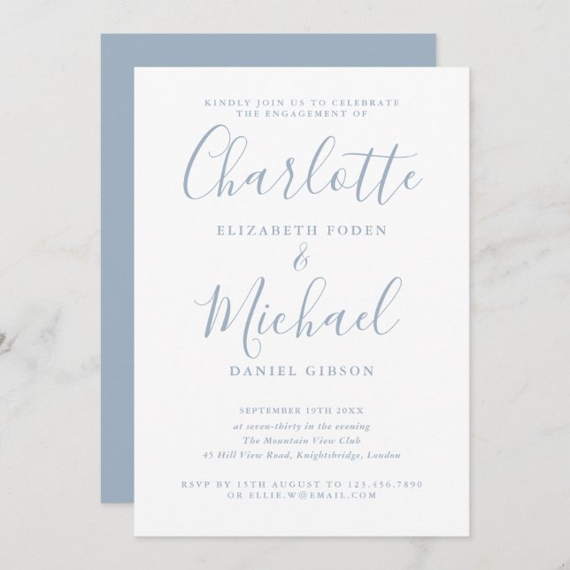 Dusty Blue Signature Script Engagement Party Invitation (Front/Back)