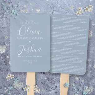 Dusty Blue Signature Script Jewish Wedding Hand Fan