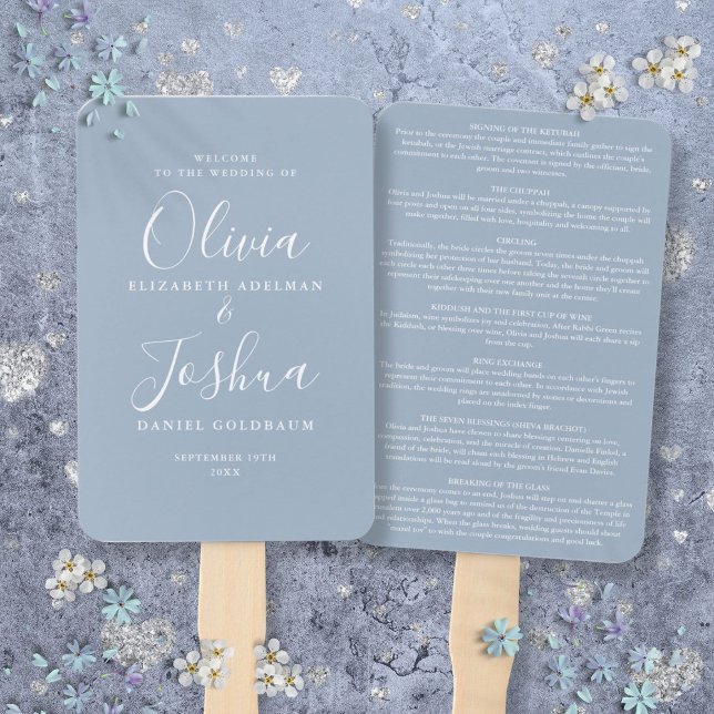 Dusty Blue Signature Script Jewish Wedding Hand Fan (Dusty Blue Signature Script Jewish Wedding Hand Fan)