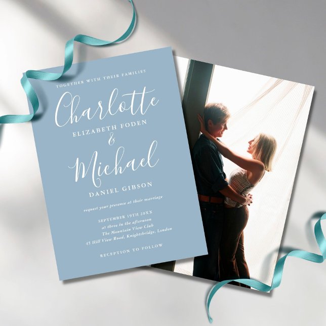Dusty Blue Signature Script Photo Wedding Invitation (Creator Uploaded)