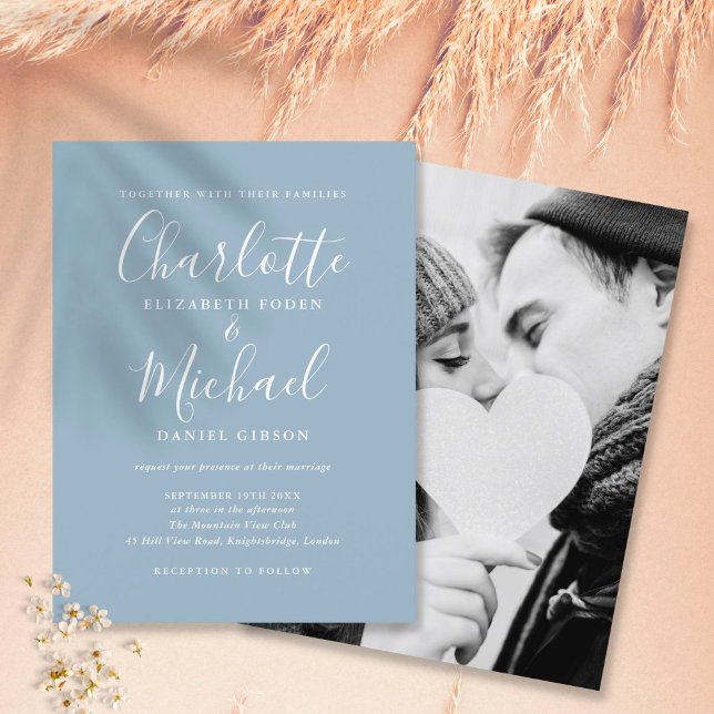 Dusty Blue Signature Script Photo Wedding Invitation Postcard (Creator Uploaded)