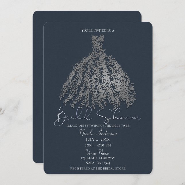Dusty Blue Silver Botanical Dress Bridal Shower Invitation (Front/Back)