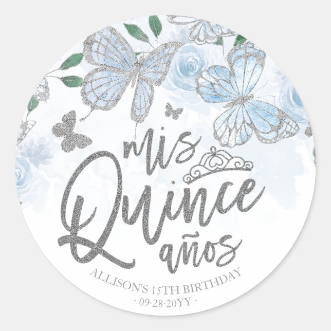 Dusty Blue Silver Butterfly Quinceanera Classic Round Sticker (Front)