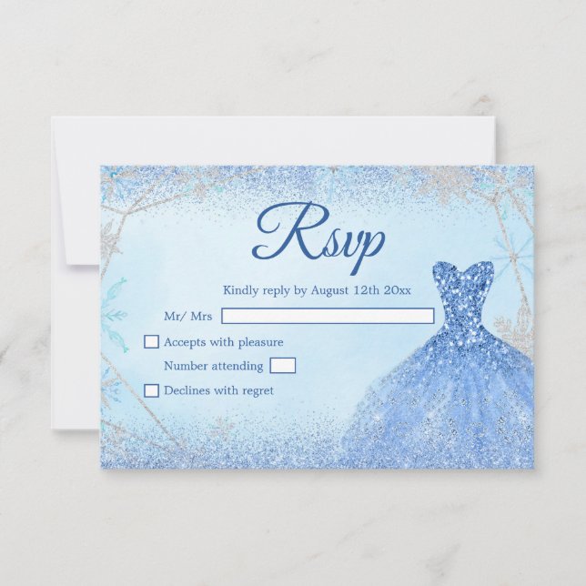 Dusty Blue Silver Christmas Snowflake Quinceañera RSVP Card (Front)
