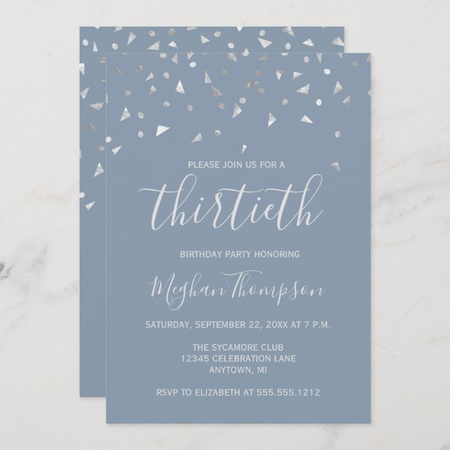 Dusty Blue Silver Confetti 30th Birthday Party Invitation (Front/Back)