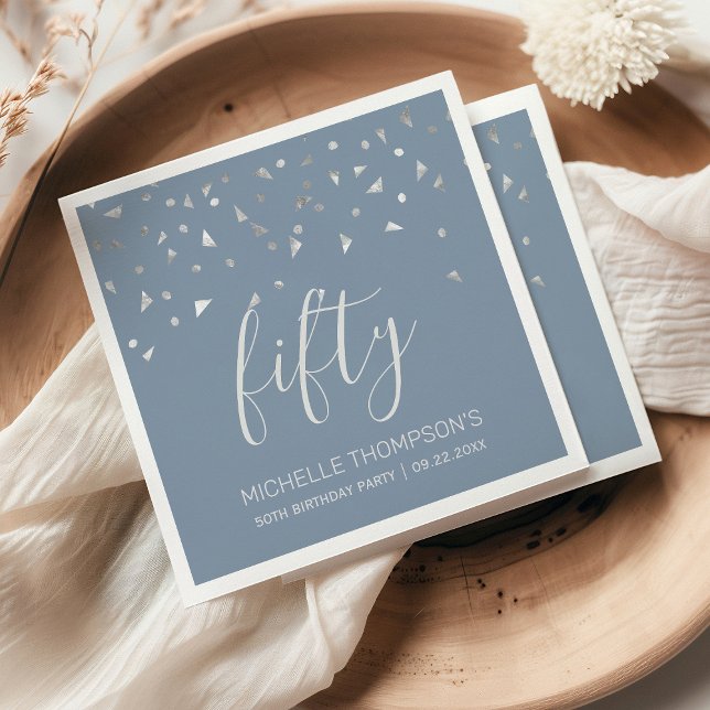 Dusty Blue Silver Confetti 50th Birthday Party Napkin (Creator Uploaded)
