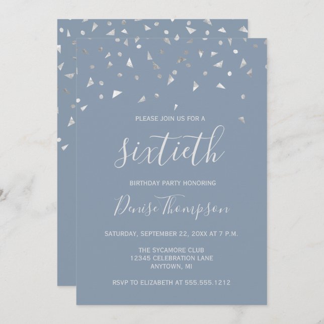 Dusty Blue Silver Confetti 60th Birthday Party Invitation (Front/Back)
