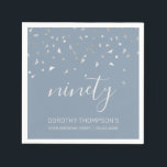 Dusty Blue Silver Confetti 90th Birthday Party Napkin<br><div class="desc">Help them celebrate their 90th birthday in style with this simple but elegant design, featuring faux silver triangular confetti sifting down on the word "ninety" in light grey handwriting font on a dusty blue background. Personalise it with the name of the honoree in light grey sans serif font, along with...</div>