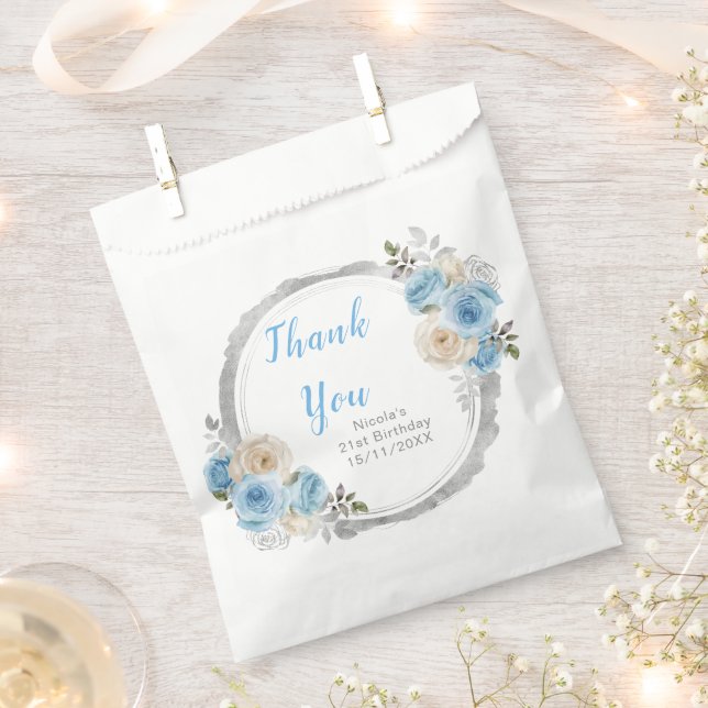Dusty Blue Silver Elegant Flowers Birthday Party Favour Bag (Clipped)