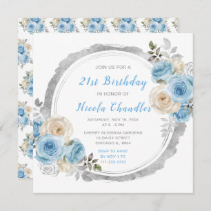 Dusty Blue Silver Elegant Flowers Birthday Party Invitation
