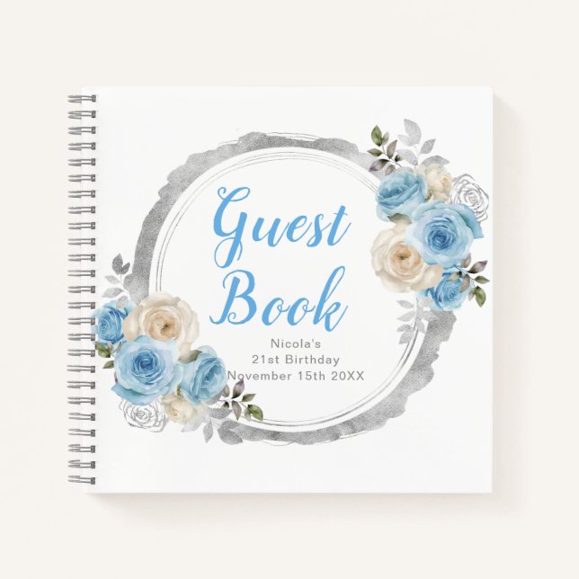Dusty Blue Silver Elegant Flowers Birthday Party Notebook (Front)