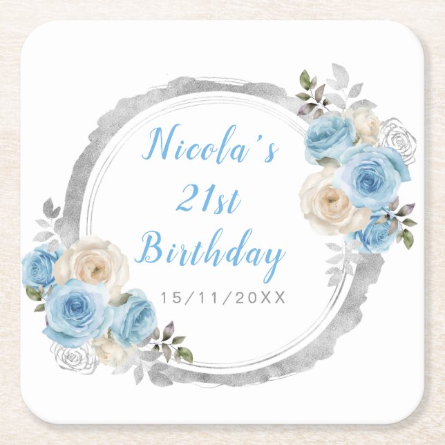 Dusty Blue Silver Elegant Flowers Birthday Party Square Paper Coaster (Front)