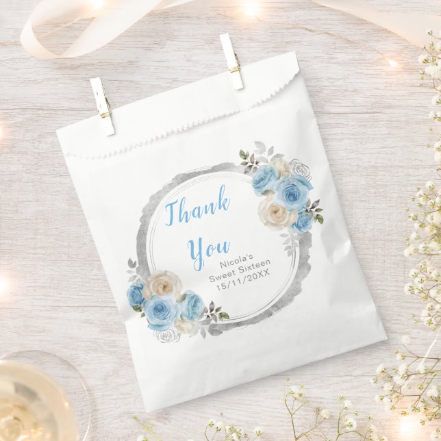 Dusty Blue Silver Elegant Flowers Sweet Sixteen Favour Bag (Clipped)